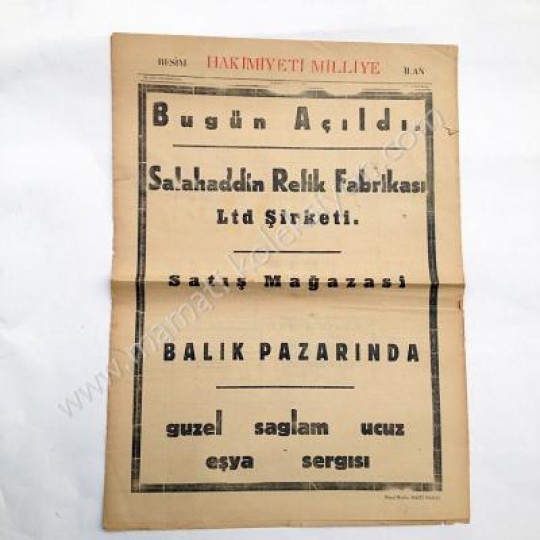 Hakimiyeti Milliye gazetesi, 28 Eylül 1930 Selahaddin Refik Fabrikası, reklamlı - Efemera